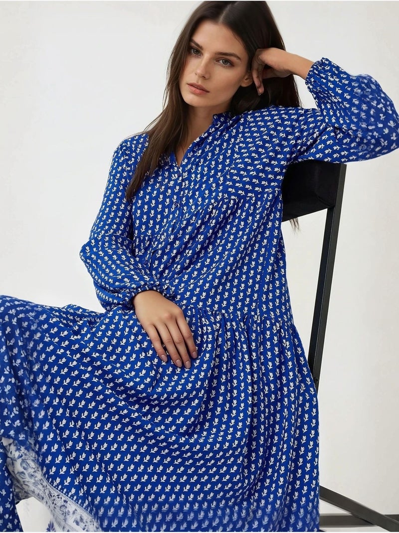 Vestido largo estampado con cuello en v hiccup Azul eléctrico - Kiabi