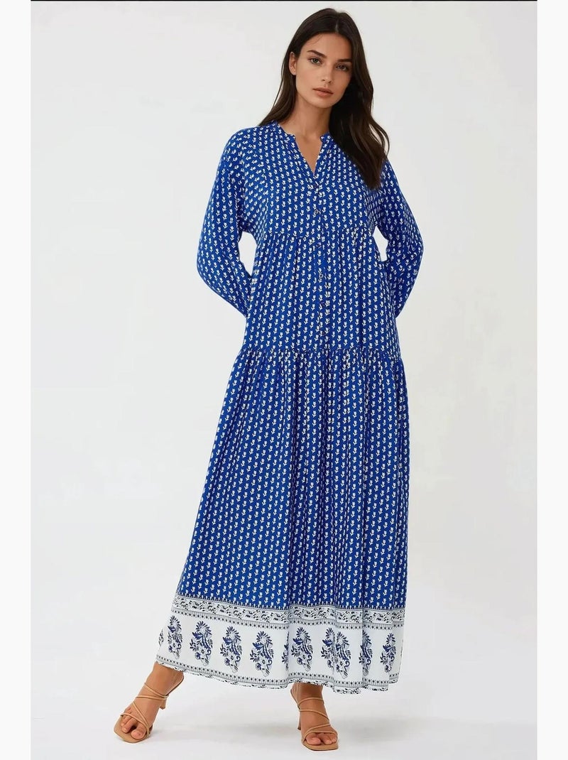 Vestido largo estampado con cuello en v hiccup Azul eléctrico - Kiabi