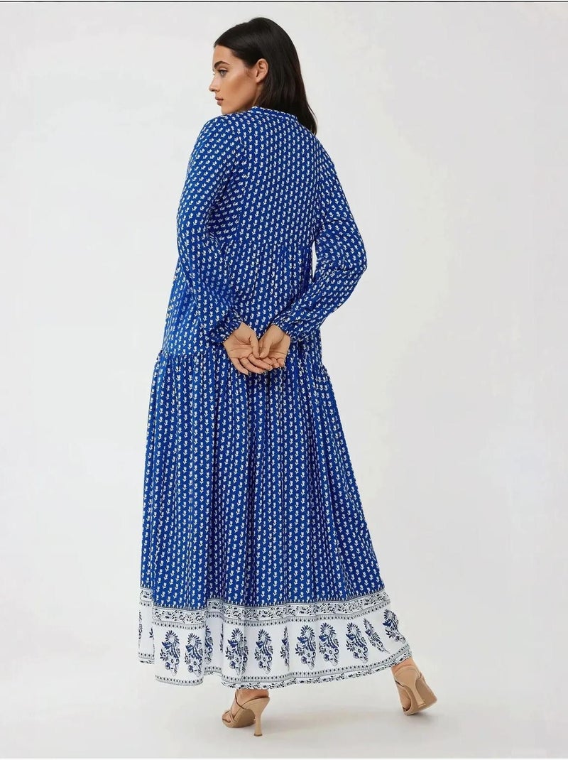 Vestido largo estampado con cuello en v hiccup Azul eléctrico - Kiabi
