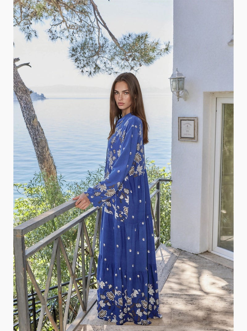 Vestido largo estampado con cuello en v hiccup Azul - Kiabi
