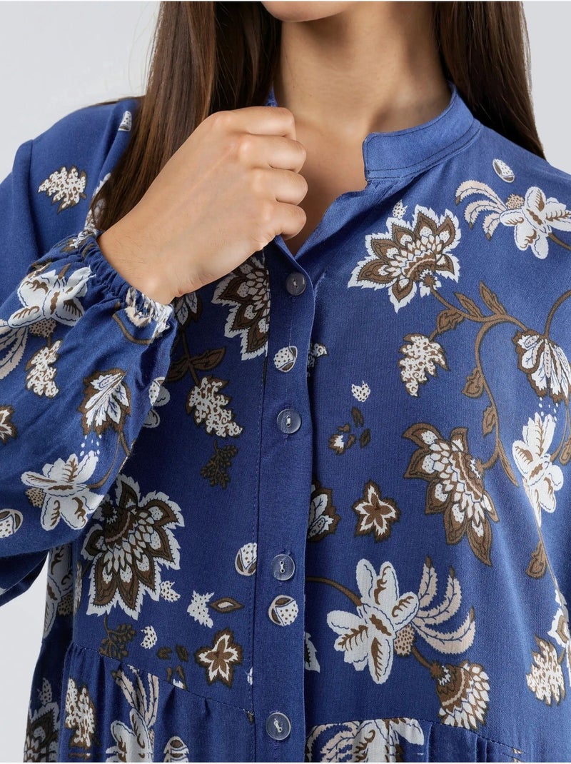 Vestido largo estampado con cuello en v hiccup Azul - Kiabi