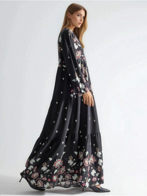 Vestido largo estampado con cuello en v hiccup - Kiabi Vestido largo estampado con cuello en v hiccup - Kiabi