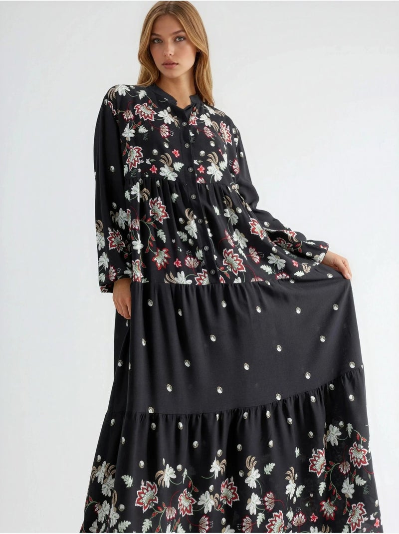 Vestido largo estampado con cuello en v hiccup Negro - Kiabi