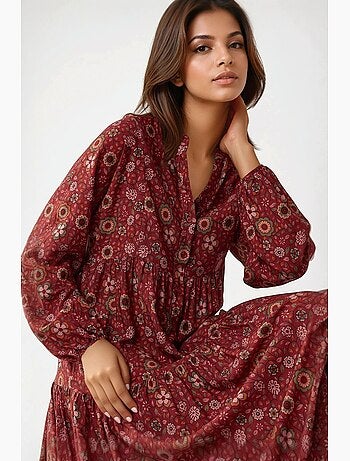 Vestido largo estampado con cuello en v y botones hiccup