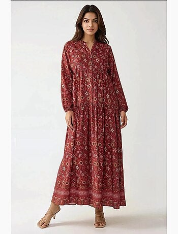 Vestido largo estampado con cuello en v y botones hiccup