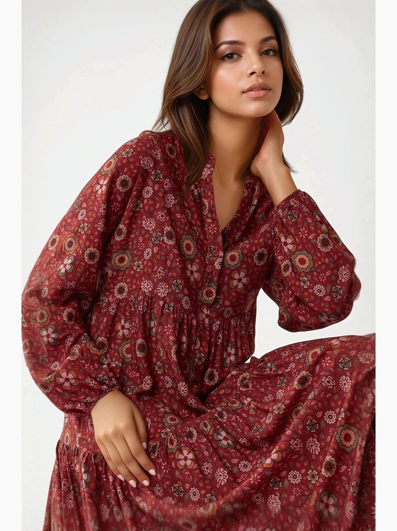 Vestido largo estampado con cuello en v y botones hiccup Rojo - Kiabi