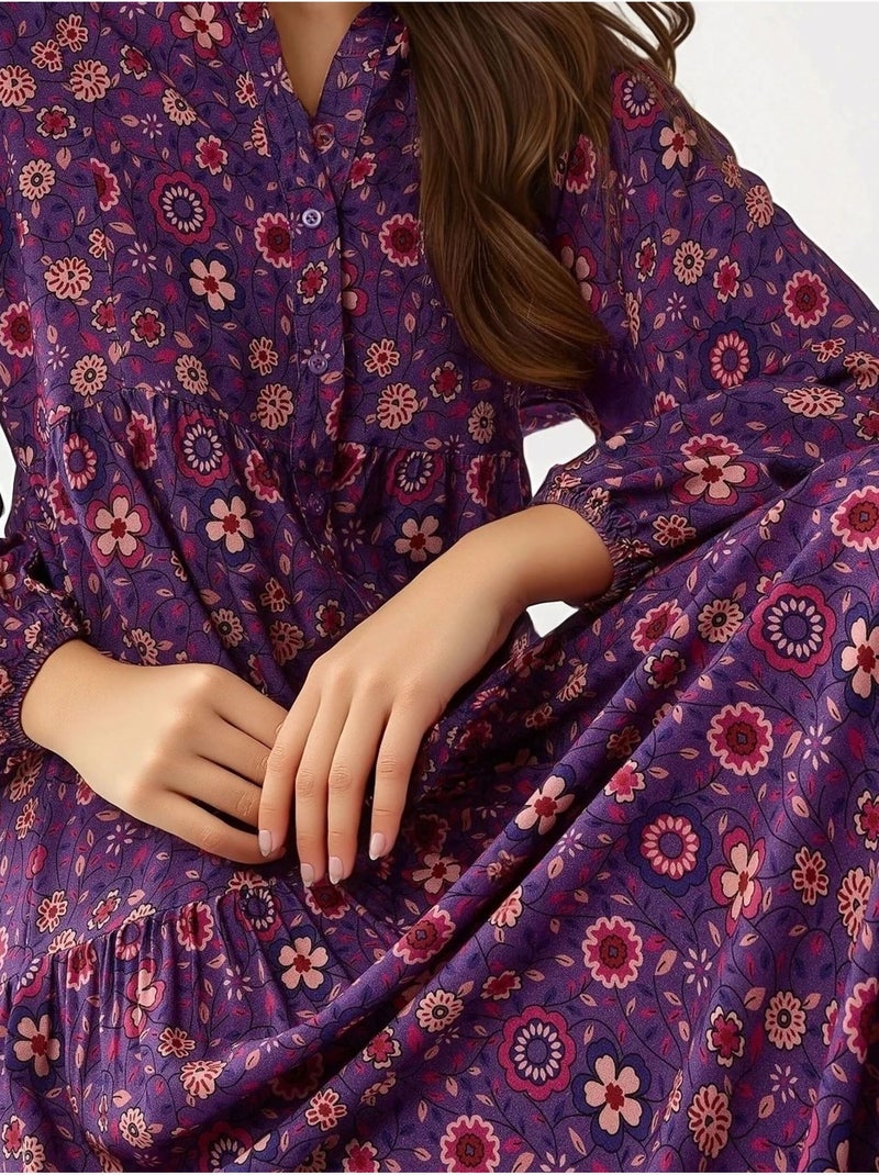 Vestido largo estampado con cuello en v y botones hiccup Violeta - Kiabi