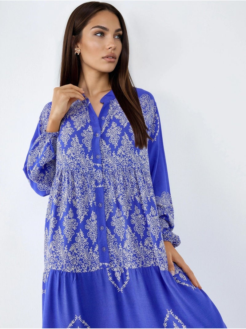 Vestido largo estampado con cuello en v y cierre de botones hiccup Azul eléctrico - Kiabi