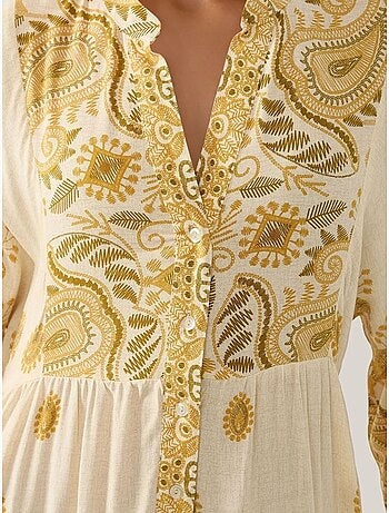 Vestido largo estampado con cuello en v y detalle de botones hiccup