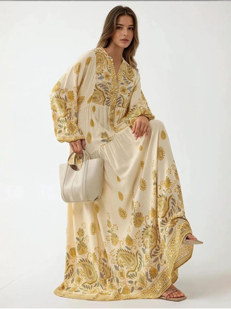 Vestido largo estampado con cuello en v y detalle de botones hiccup Amarillo limón - Kiabi