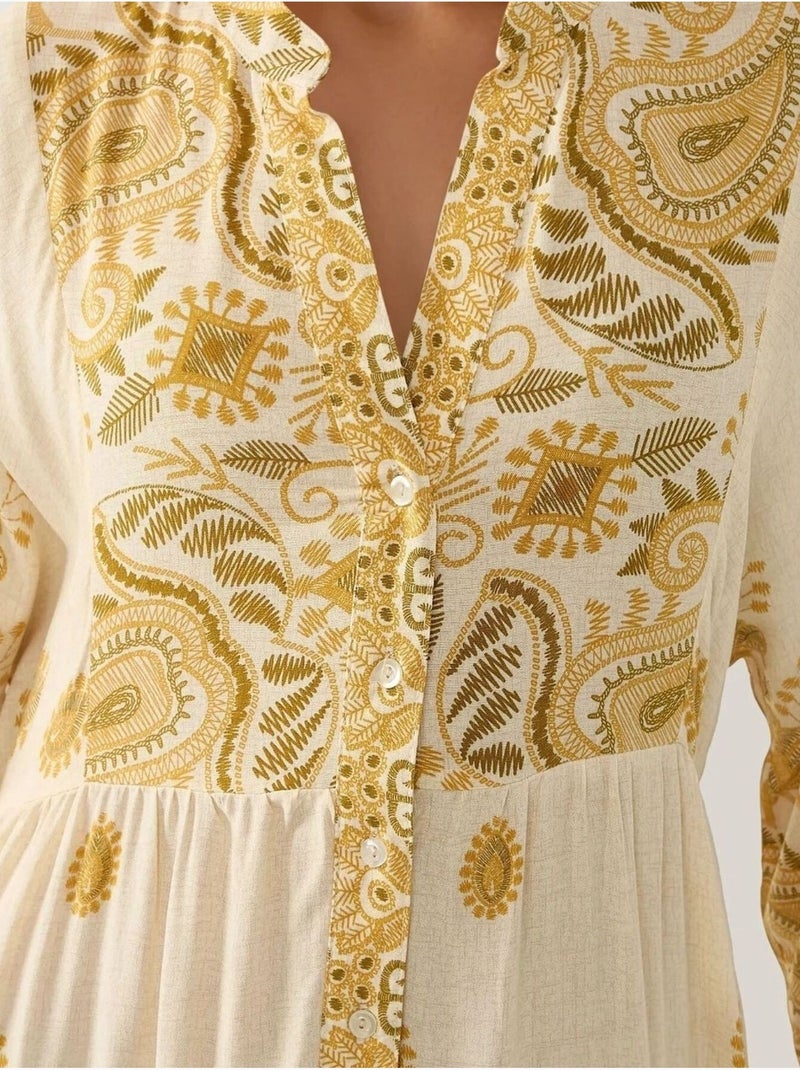 Vestido largo estampado con cuello en v y detalle de botones hiccup Amarillo limón - Kiabi
