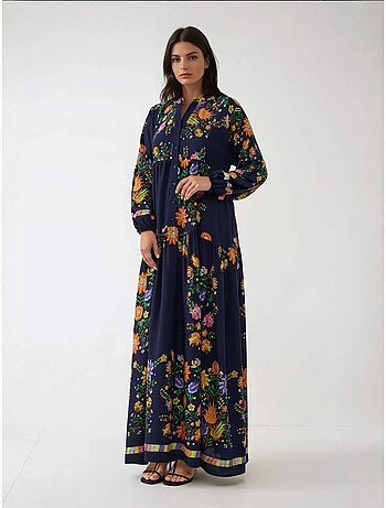 Vestido largo estampado con cuello en v y detalle de botones hiccup