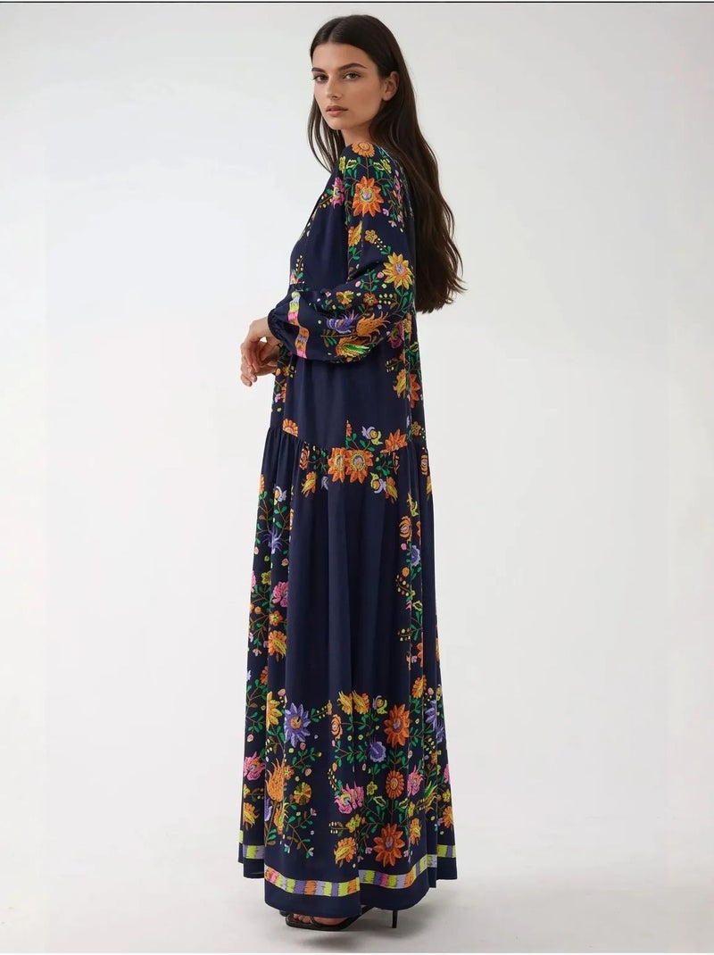 Vestido largo estampado con cuello en v y detalle de botones hiccup Azul marino - Kiabi