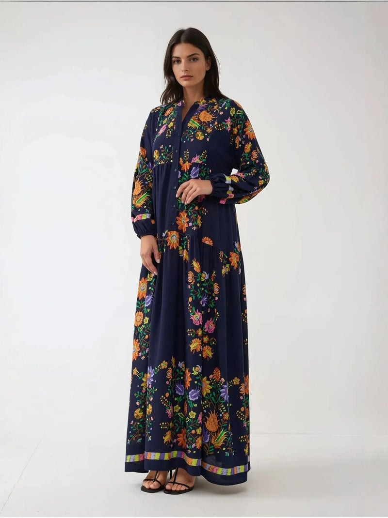 Vestido largo estampado con cuello en v y detalle de botones hiccup Azul marino - Kiabi