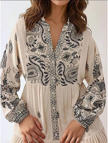 Vestido largo estampado con cuello en v y detalle de botones hiccup