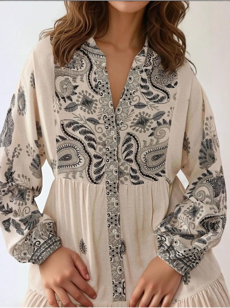Vestido largo estampado con cuello en v y detalle de botones hiccup Blanco roto - Kiabi