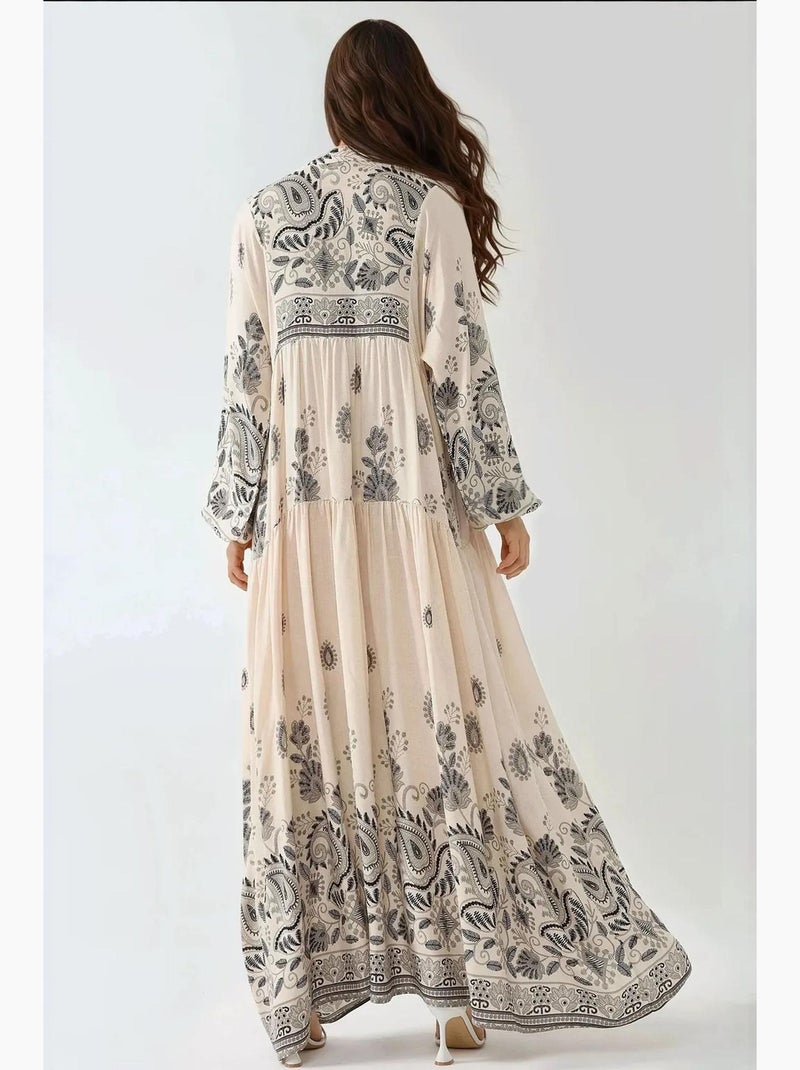 Vestido largo estampado con cuello en v y detalle de botones hiccup Blanco roto - Kiabi