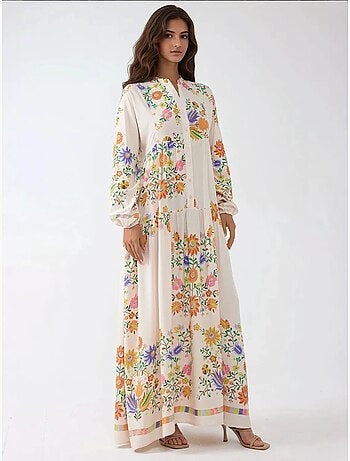 Vestido largo estampado con cuello en v y detalle de botones hiccup