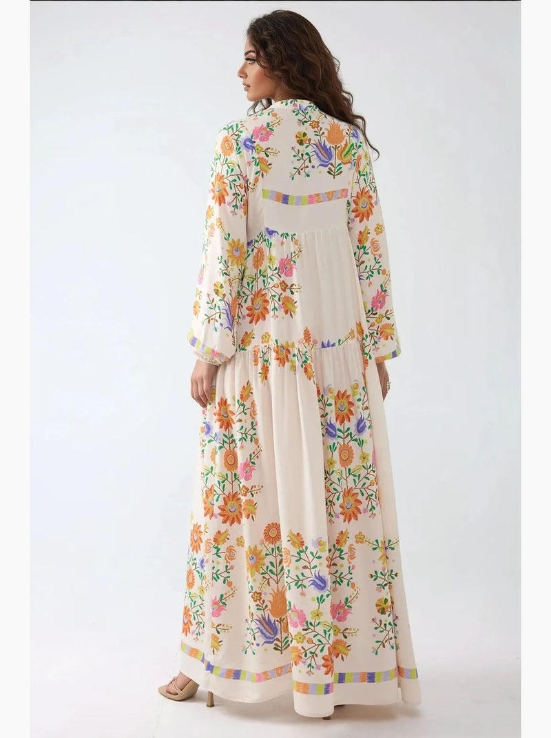 Vestido largo estampado con cuello en v y detalle de botones hiccup Marfil - Kiabi