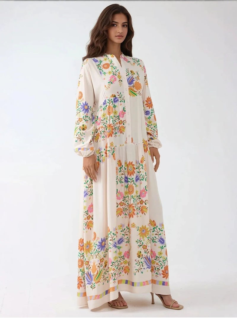Vestido largo estampado con cuello en v y detalle de botones hiccup Marfil - Kiabi