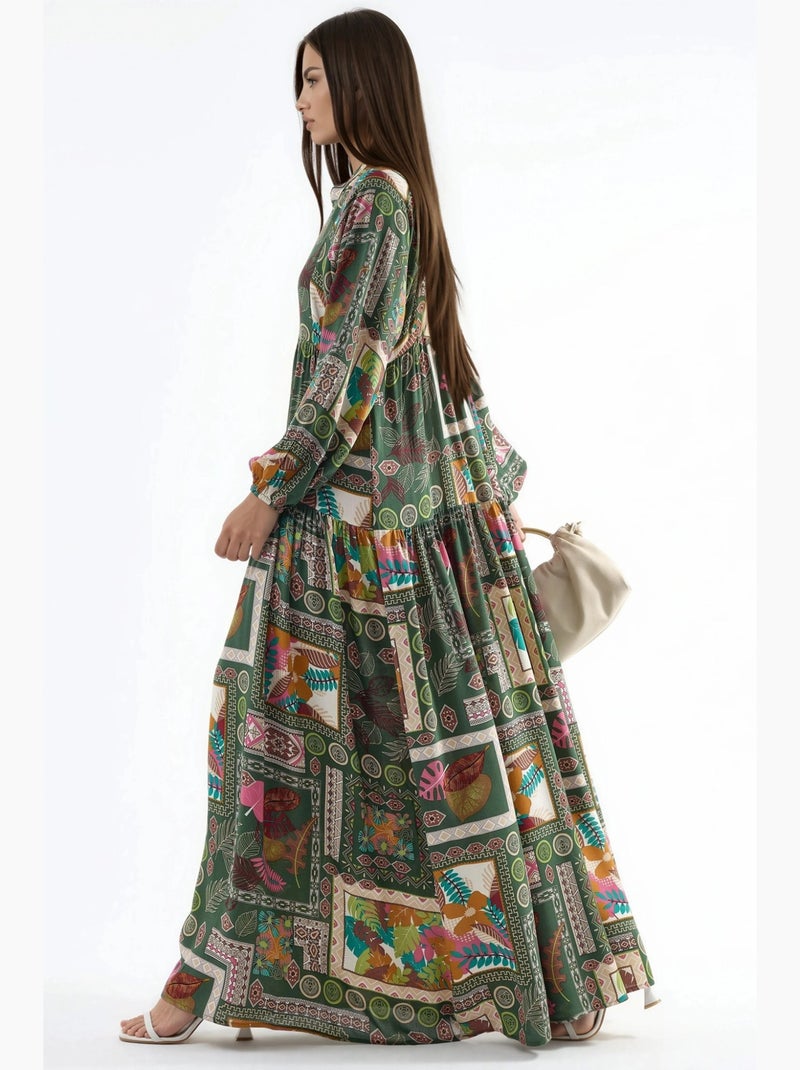 Vestido largo estampado con escote en v hiccup Verde oscuro - Kiabi