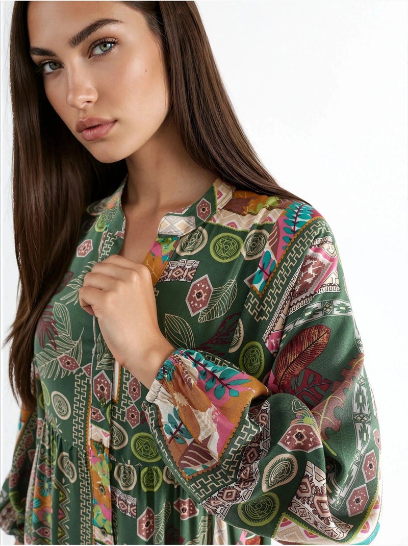 Vestido largo estampado con escote en v hiccup Verde oscuro - Kiabi