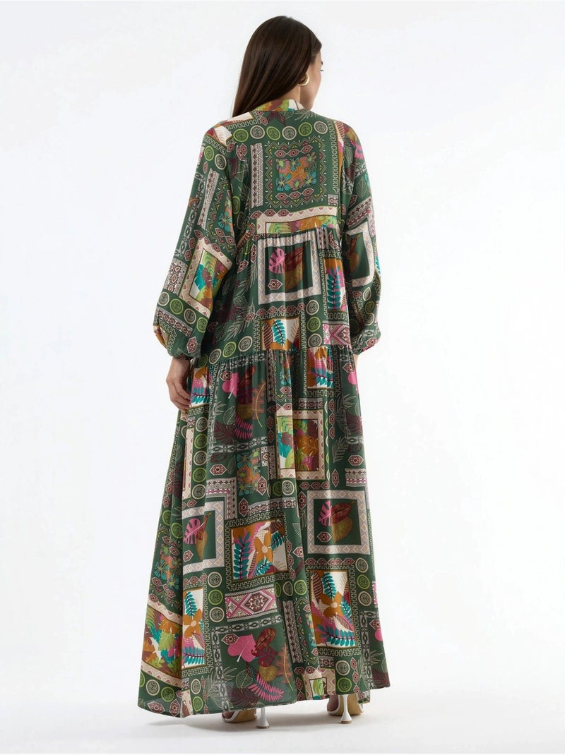 Vestido largo estampado con escote en v hiccup Verde oscuro - Kiabi
