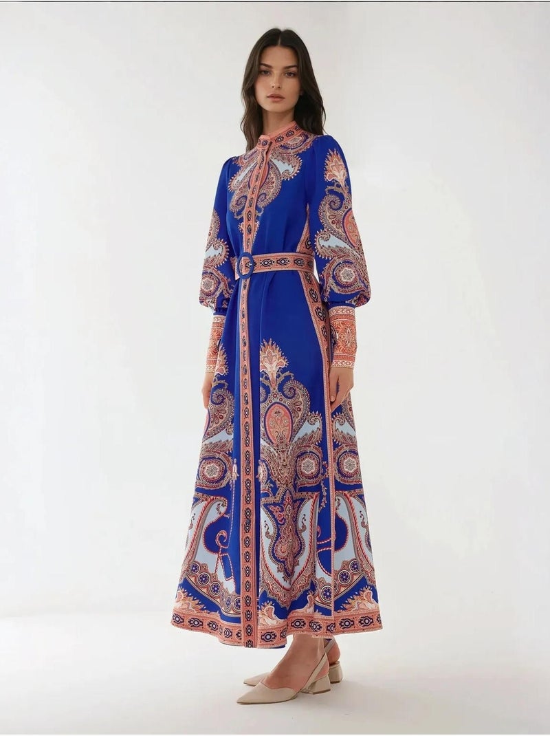 Vestido largo estampado de manga larga con cinturón Azul eléctrico - Kiabi