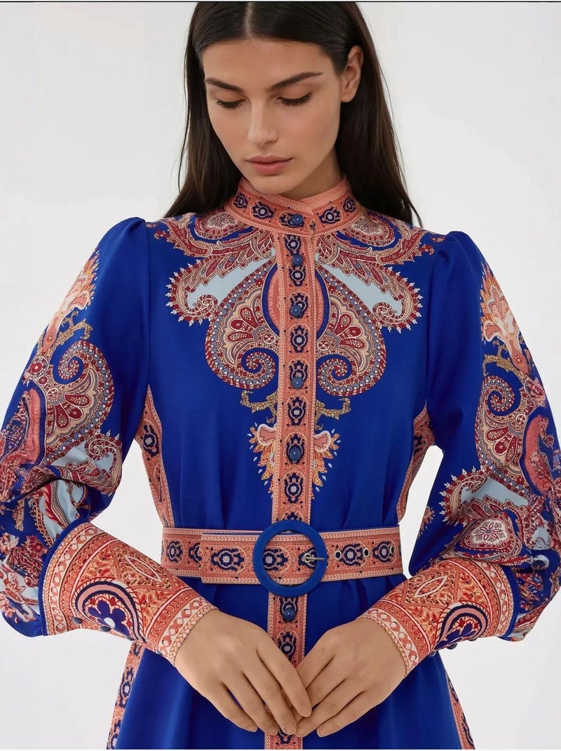 Vestido largo estampado de manga larga con cinturón Azul eléctrico - Kiabi