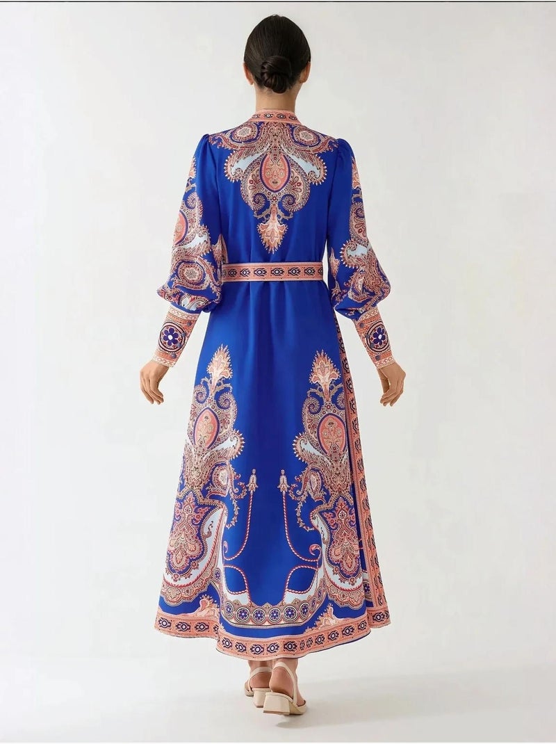 Vestido largo estampado de manga larga con cinturón Azul eléctrico - Kiabi