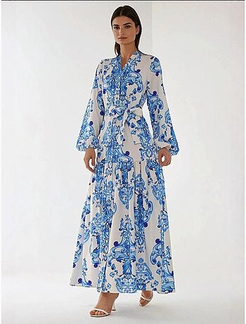 Vestido largo estampado de manga larga con cinturón