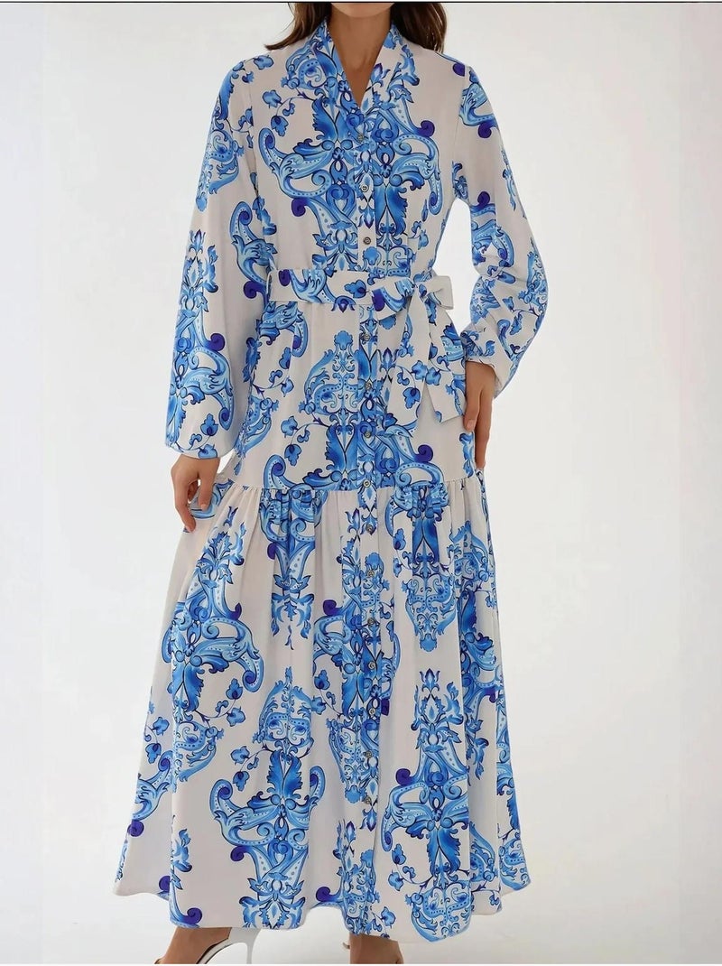 Vestido largo estampado de manga larga con cinturón Azul - Kiabi