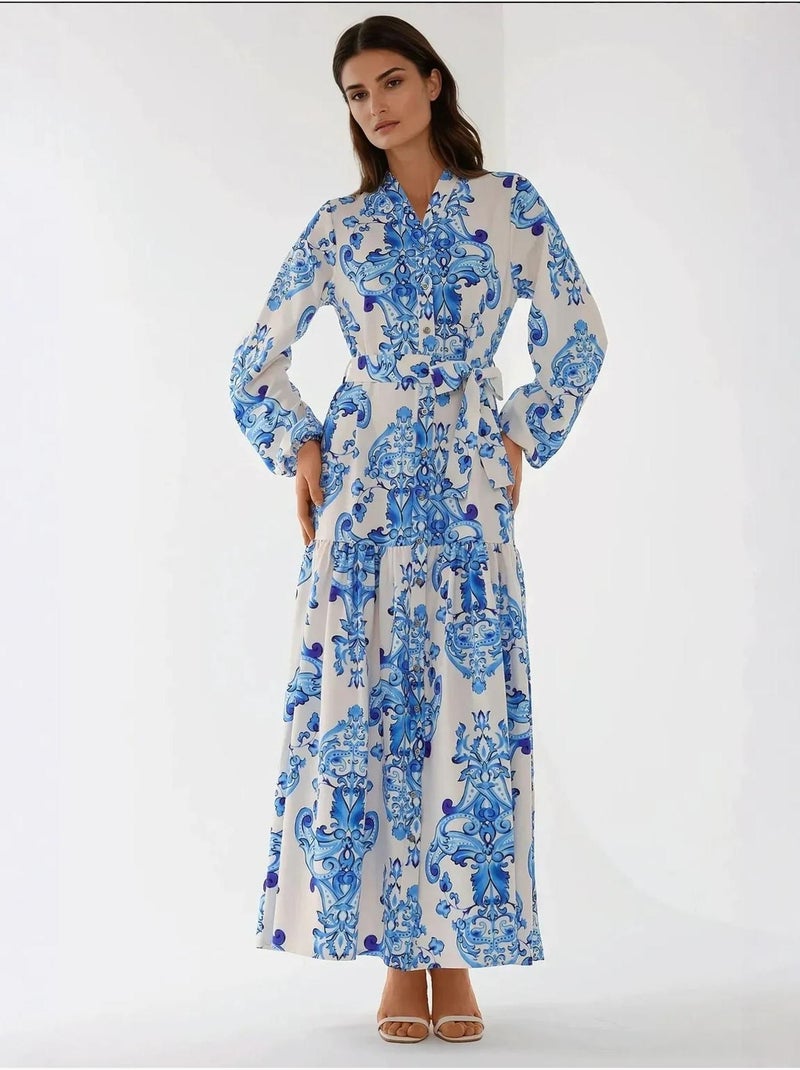 Vestido largo estampado de manga larga con cinturón Azul - Kiabi