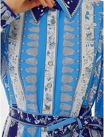 Vestido largo estampado de manga larga con cinturón