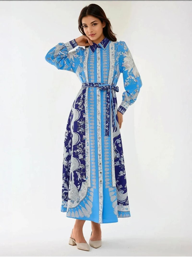 Vestido largo estampado de manga larga con cinturón Azul - Kiabi