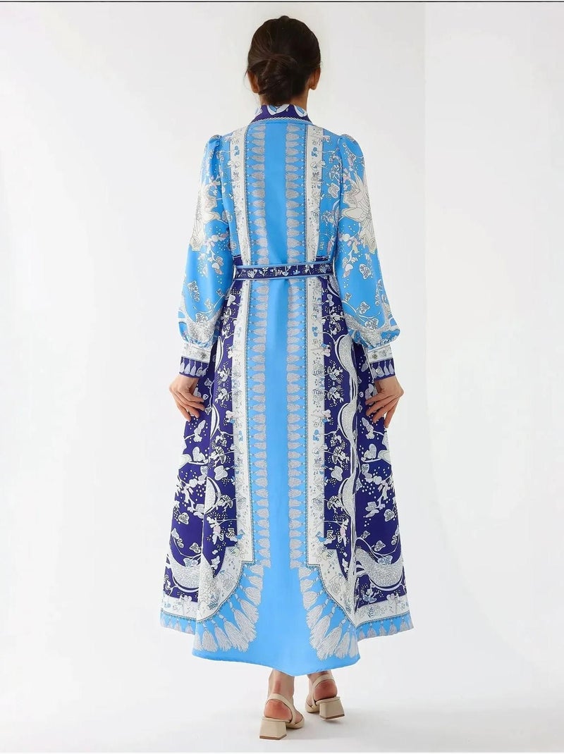 Vestido largo estampado de manga larga con cinturón Azul - Kiabi