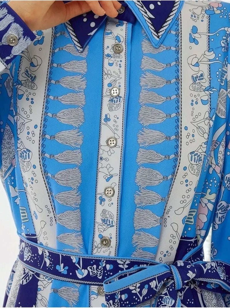 Vestido largo estampado de manga larga con cinturón Azul - Kiabi