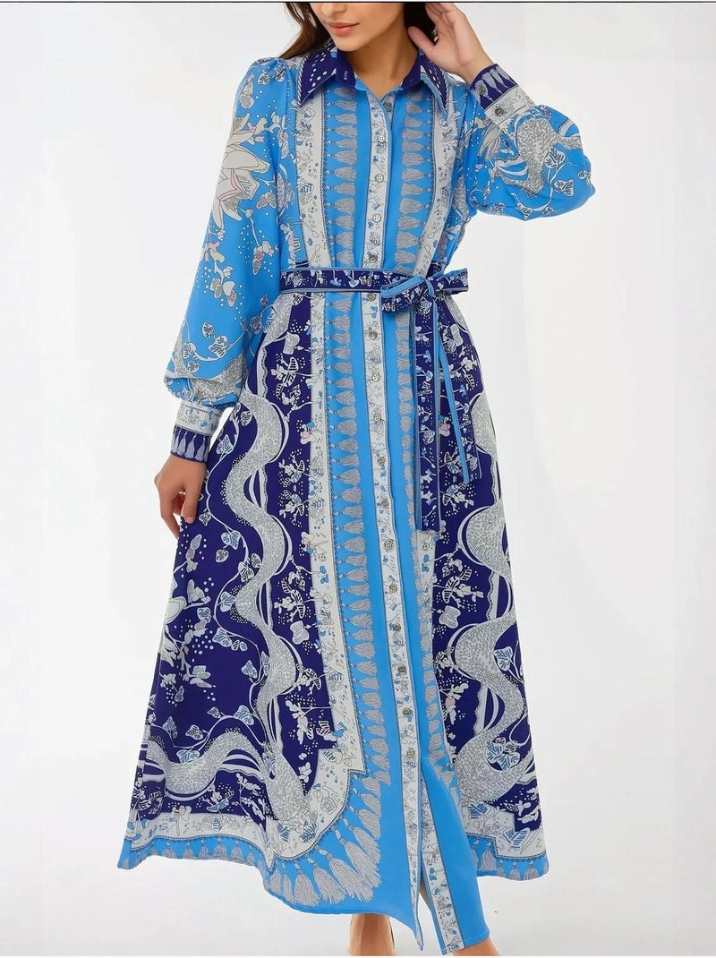 Vestido largo estampado de manga larga con cinturón Azul - Kiabi