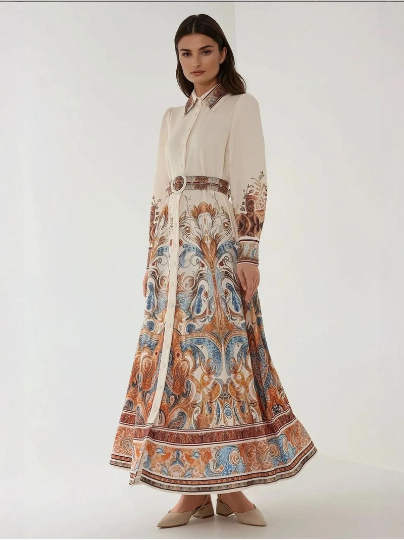 Vestido largo estampado de manga larga con cinturón Blanco - Kiabi