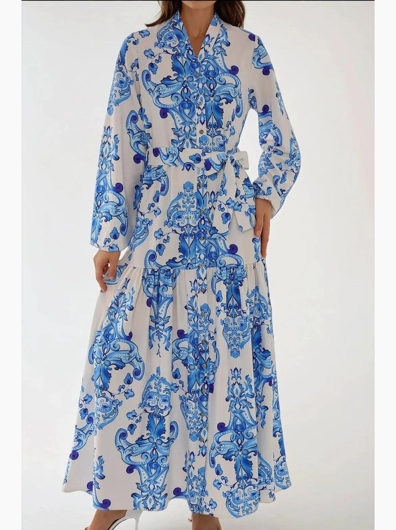 Vestido largo estampado de manga larga con cinturón hiccup Azul - Kiabi