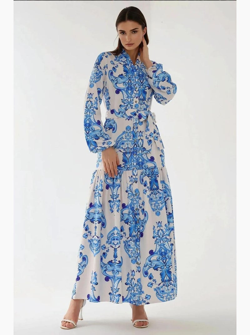Vestido largo estampado de manga larga con cinturón hiccup Azul - Kiabi