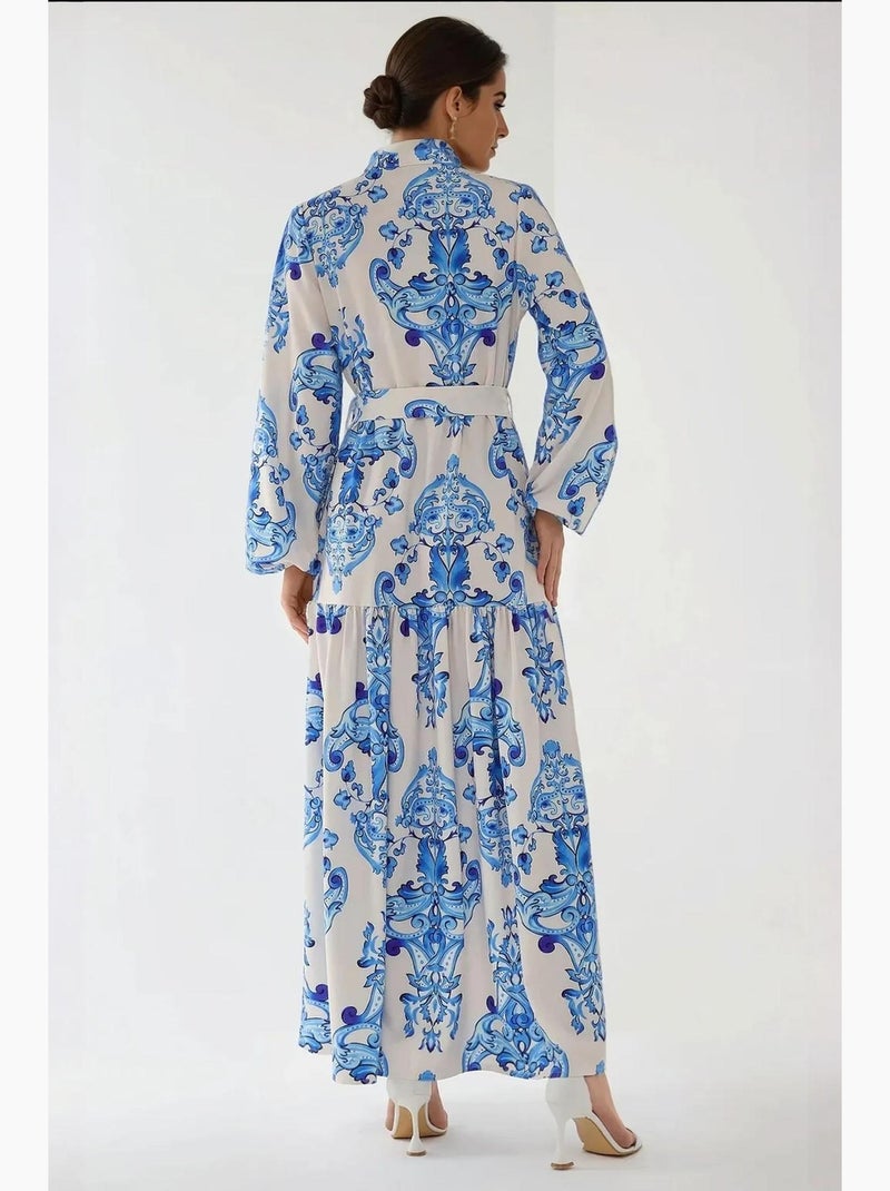 Vestido largo estampado de manga larga con cinturón hiccup Azul - Kiabi
