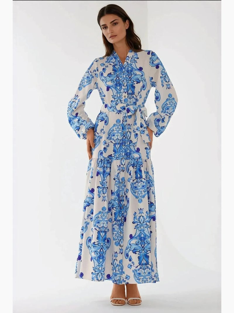 Vestido largo estampado de manga larga con cinturón hiccup Azul - Kiabi