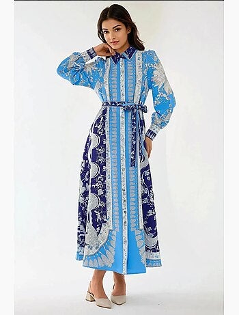 Vestido largo estampado de manga larga con cinturón hiccup