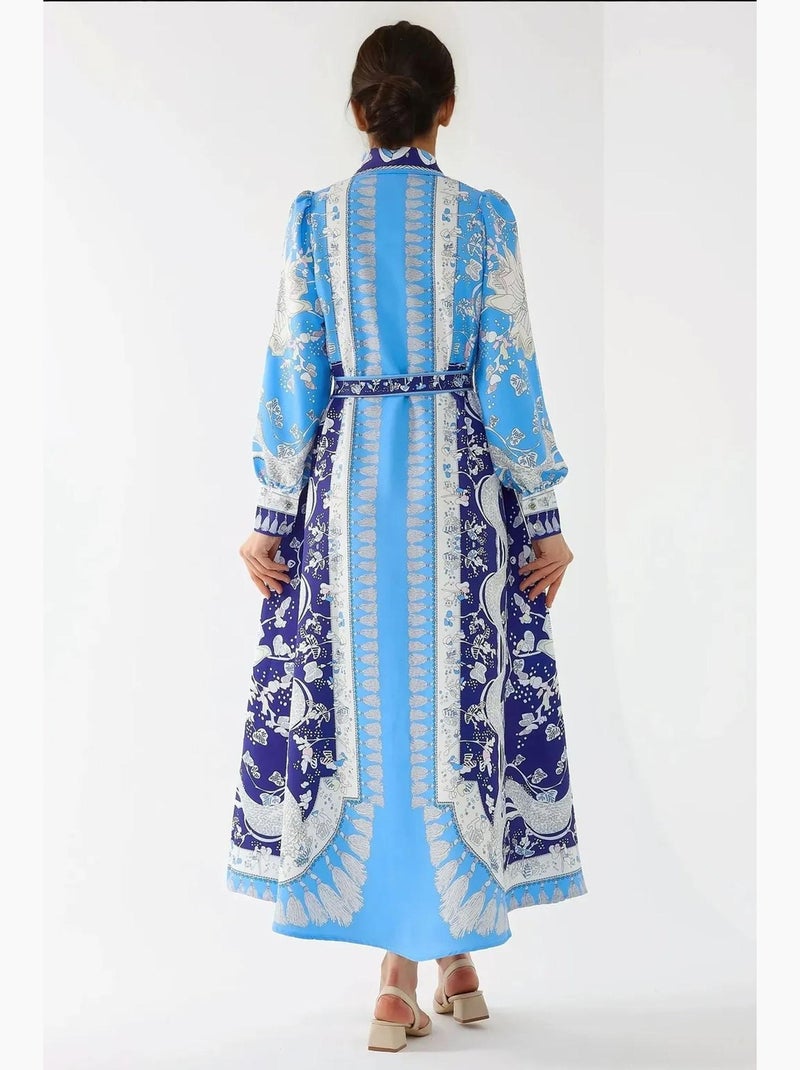 Vestido largo estampado de manga larga con cinturón hiccup Azul - Kiabi