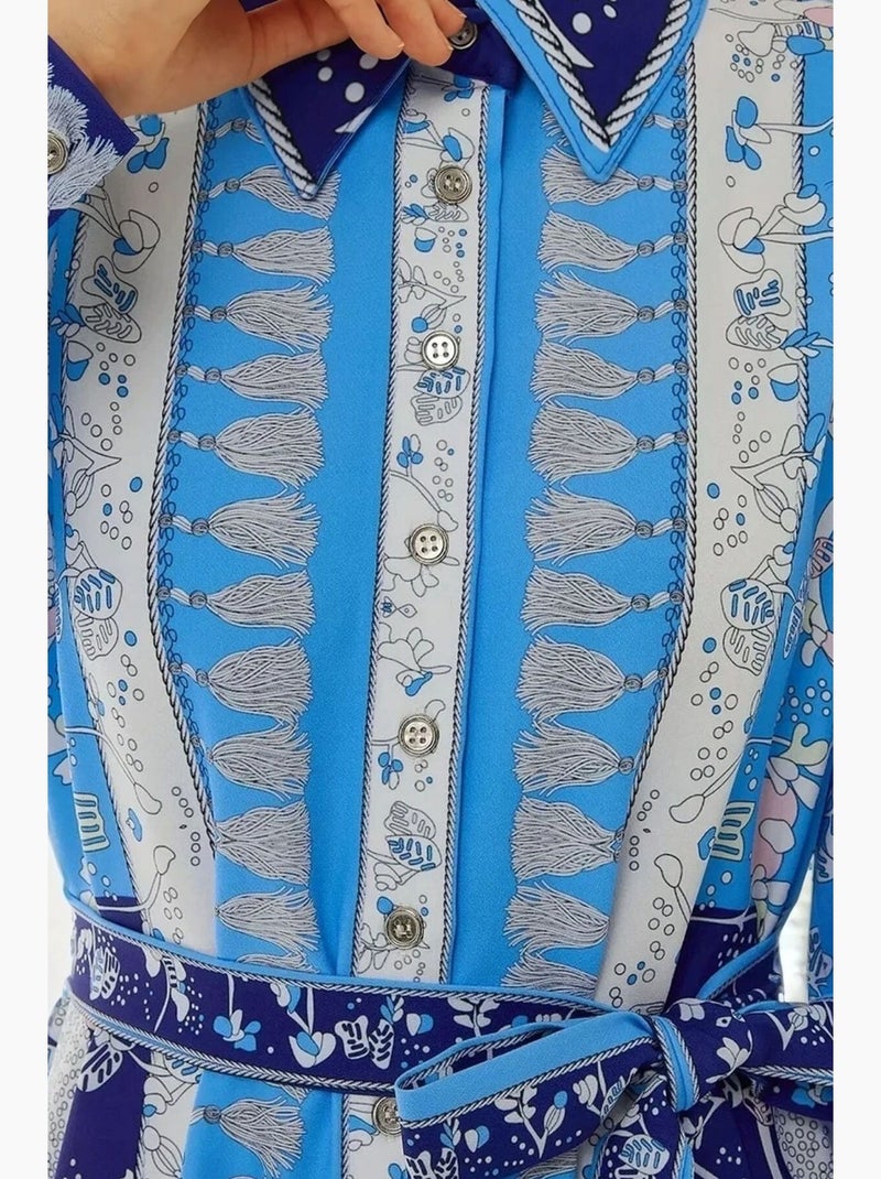 Vestido largo estampado de manga larga con cinturón hiccup Azul - Kiabi