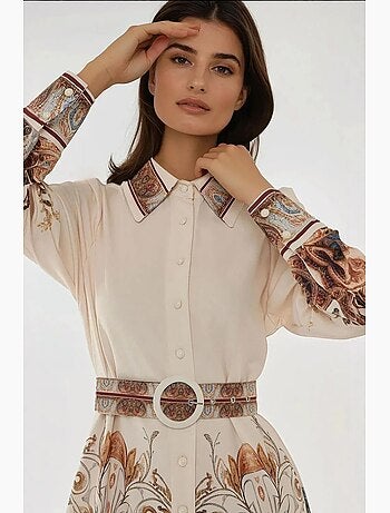 Vestido largo estampado de manga larga con cinturón hiccup