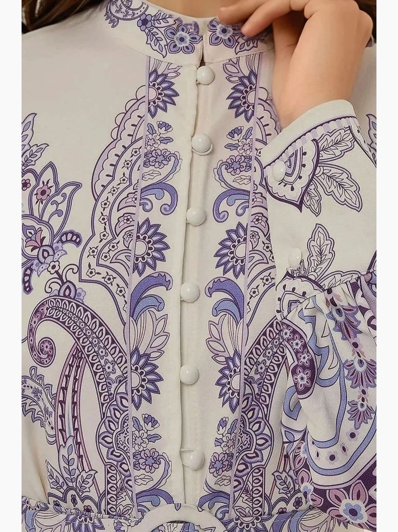 Vestido largo estampado de manga larga con cinturón hiccup Multicolor - Kiabi