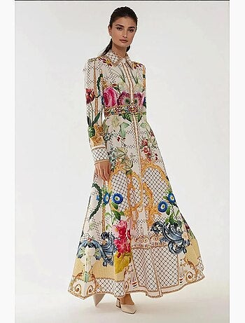 Vestido largo estampado de manga larga con cinturón hiccup