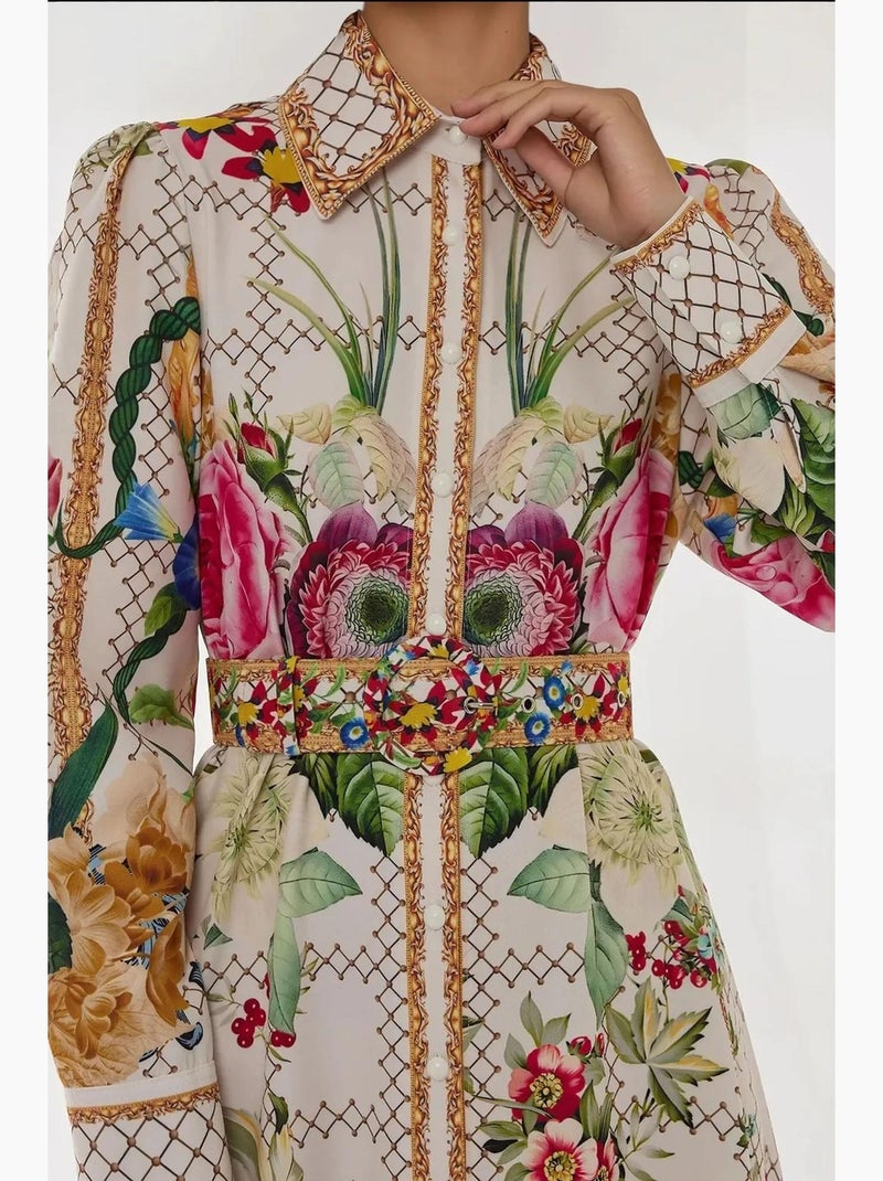 Vestido largo estampado de manga larga con cinturón hiccup Multicolor - Kiabi